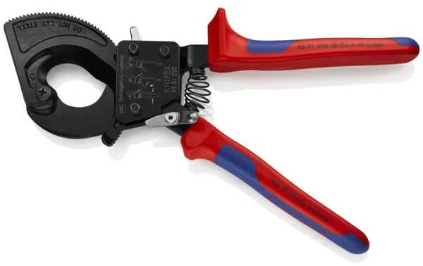 Tesoura de cabos Knipex (sistema de catraca) pintada de preto, com cabo multicomponente 250 mm