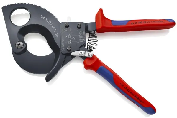 Tesoura de cabos Knipex (sistema de catraca) pintada de preto, com cabo multicomponente 280 mm