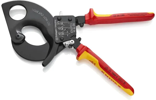 Tesoura de cabos Knipex (sistema de catraca) pintada de preto, certificada VDE 280 mm